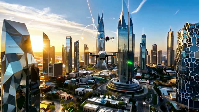 Aerial view of a clean, futuristic Saudi Arabia skyline — OzoneCo air quality intelligence, Vision 2030