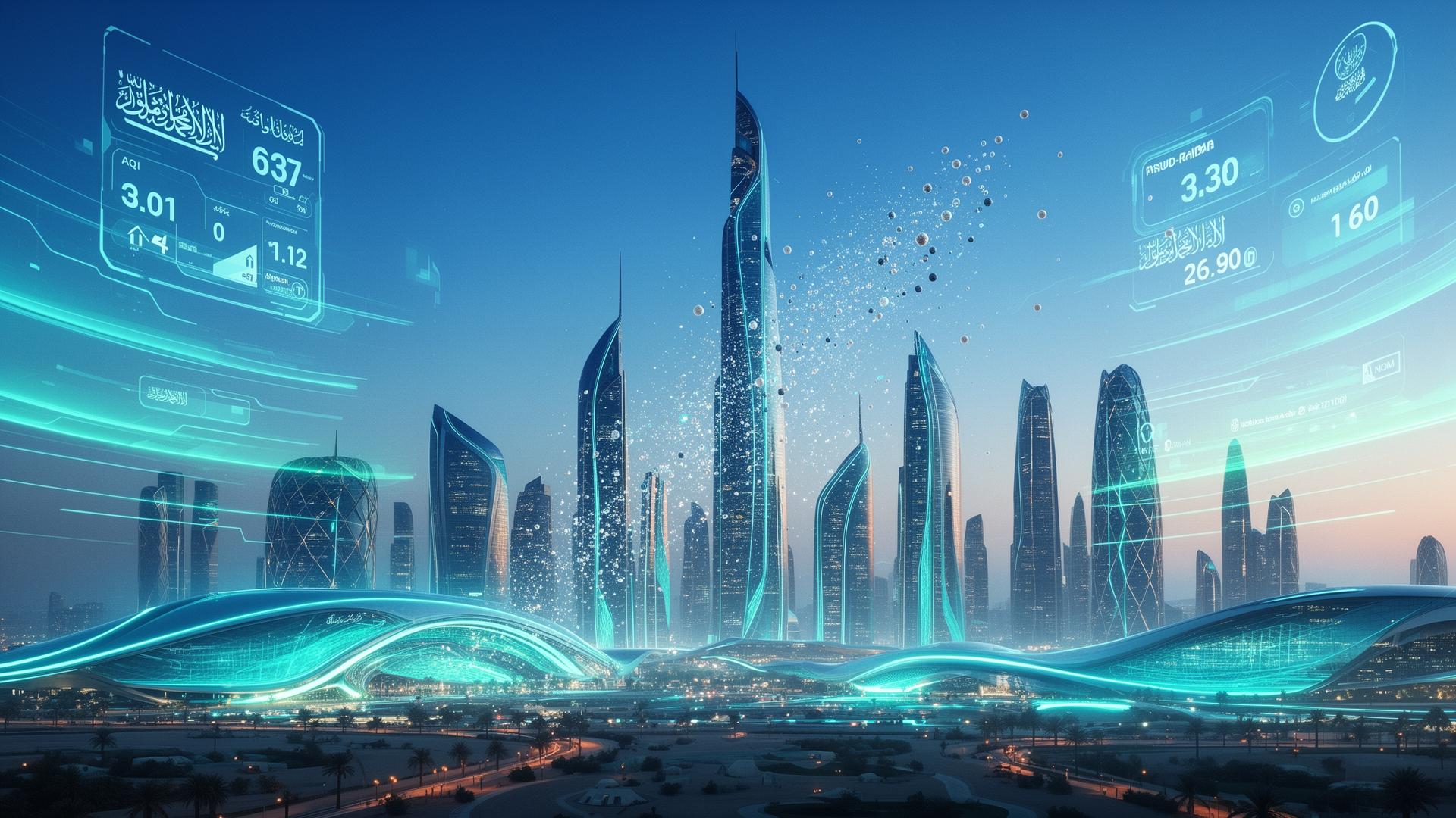 Futuristic Saudi Arabia skyline with real-time air quality data overlays — OzoneCo NCEC-licensed environmental intelligence