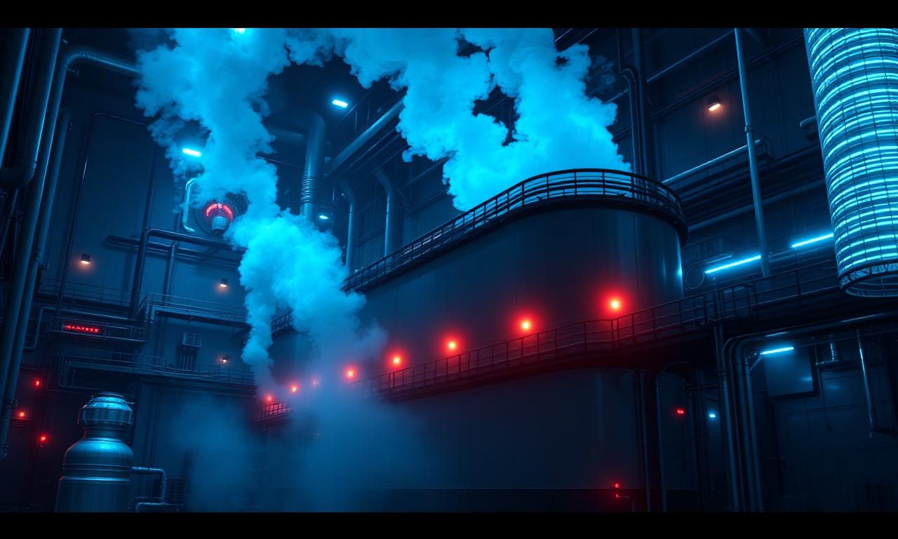 Industrial pollution control facility with scrubbers and bag filters at night