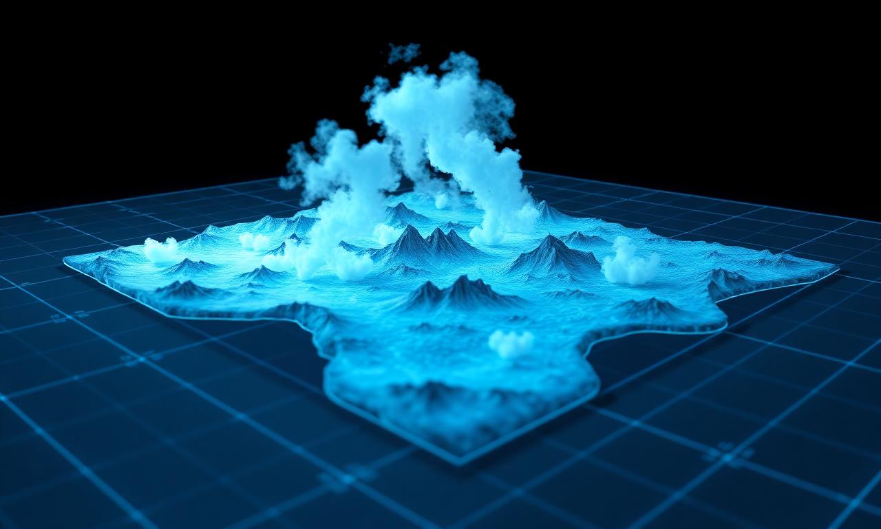 3D holographic air dispersion model showing pollutant plumes over terrain