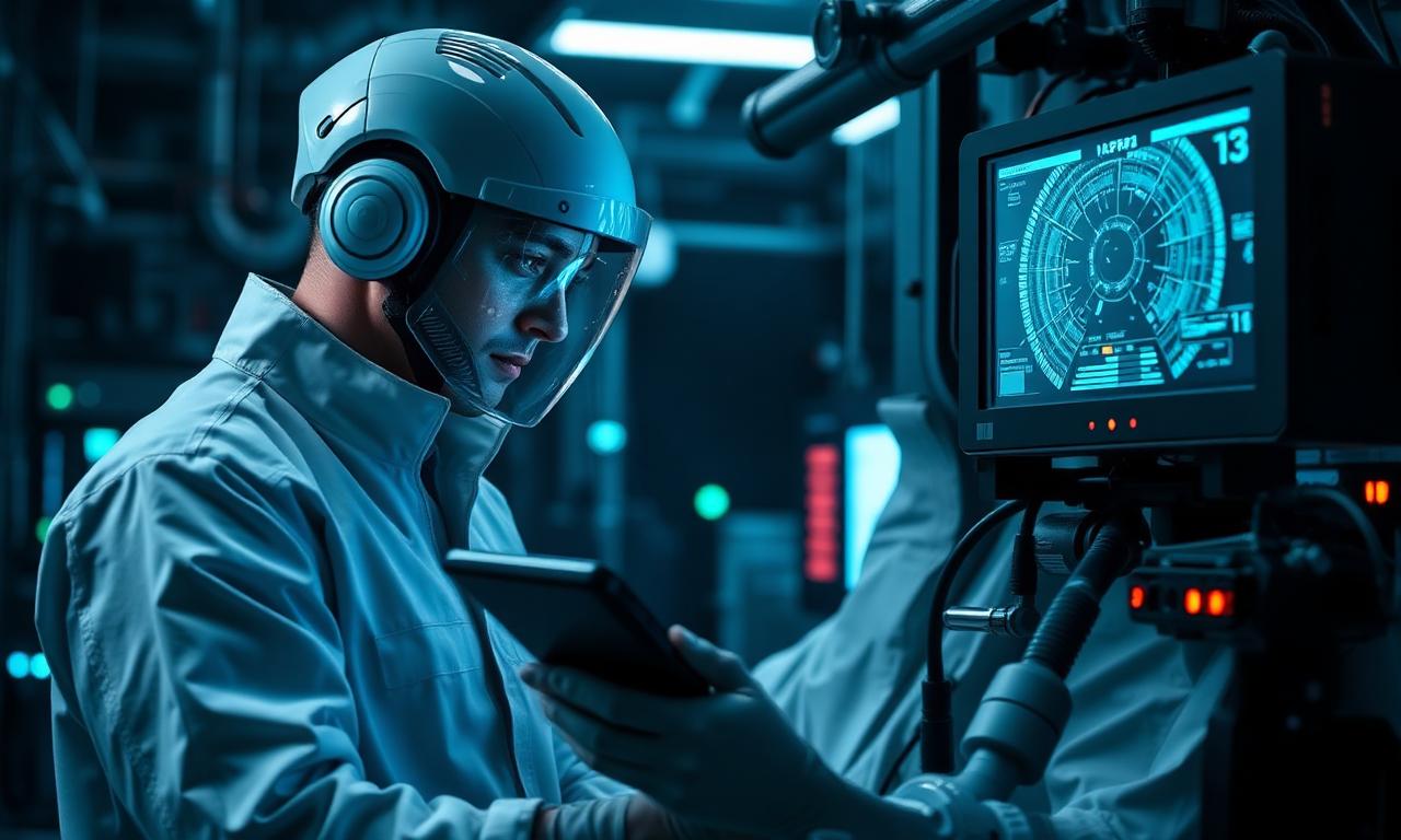 Engineer calibrating CEMS analyzer with diagnostic HUD overlay