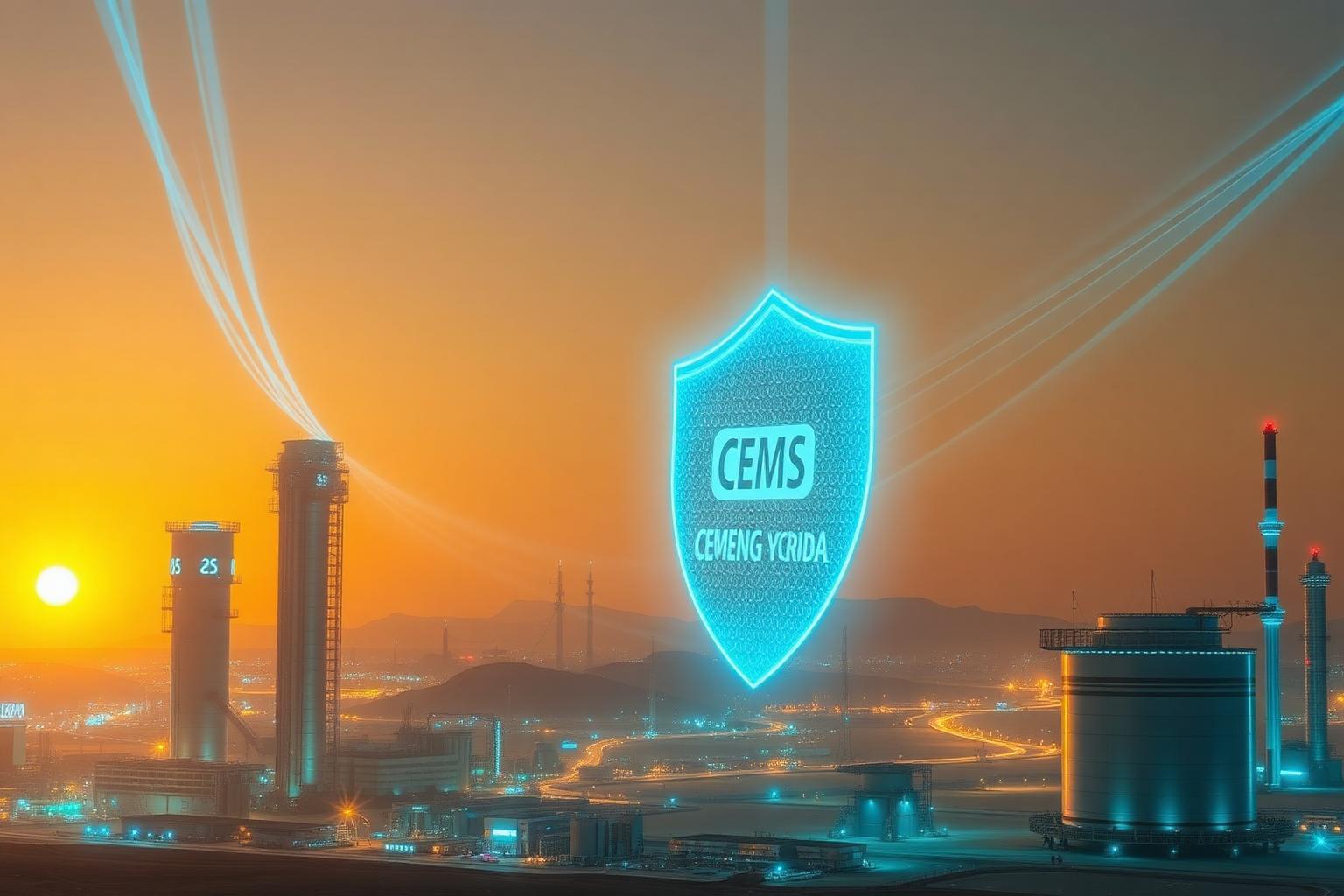 NCEC compliance shield over a Saudi industrial skyline with CEMS monitoring