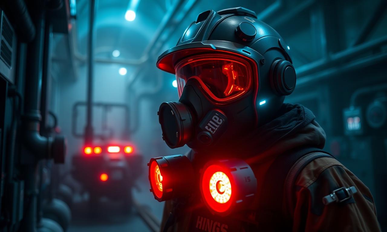 Worker in advanced respirator detecting H2S and toxic gases in industrial site